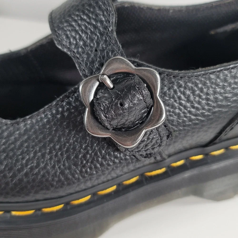 Dr. Martens Addina Flower Buckle Platform Mary Janes Black Milled Nappa Size 8